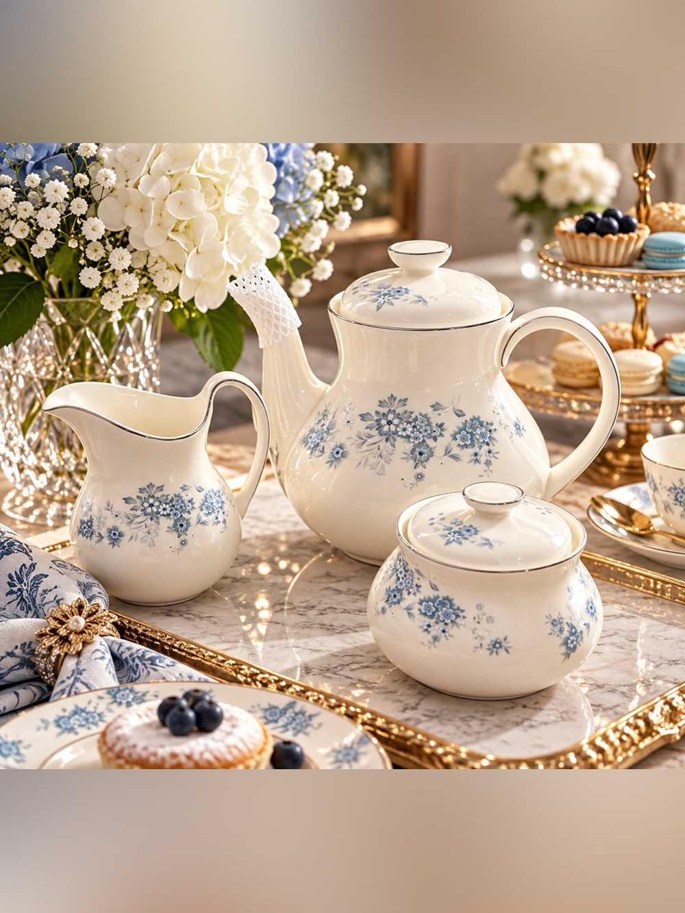 Royal Doulton Michelle Teapot, Cream & Sugar Bowl Set – Excellent Condition